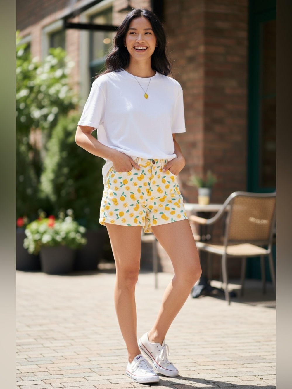 St. John's Bay White High-Waist Shorts with Yellow Lemon‎ Print